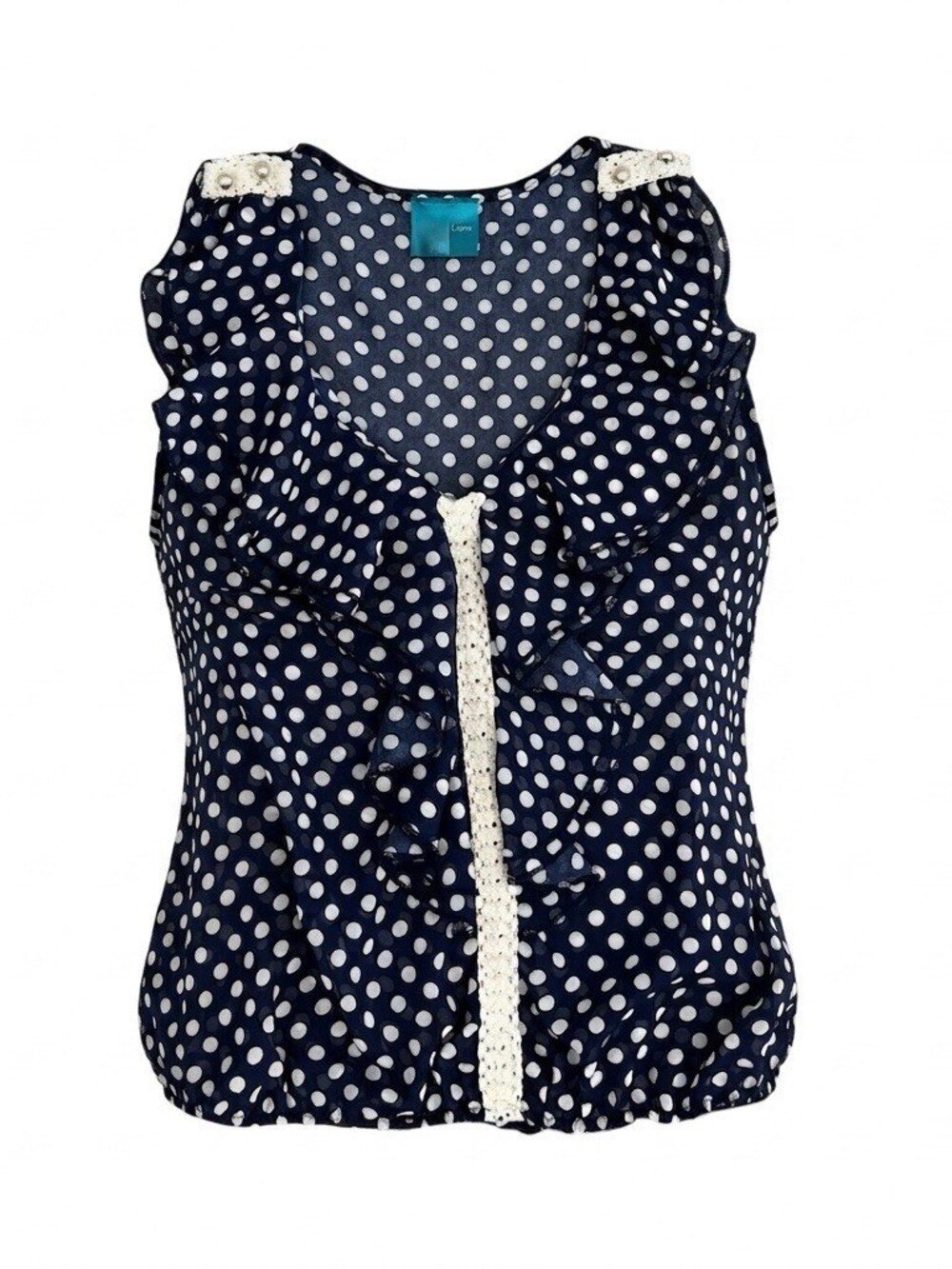 Color Of Love Polka Dot Ruffle Blouse Sleeveless Navy Blue Size XL Made In USA